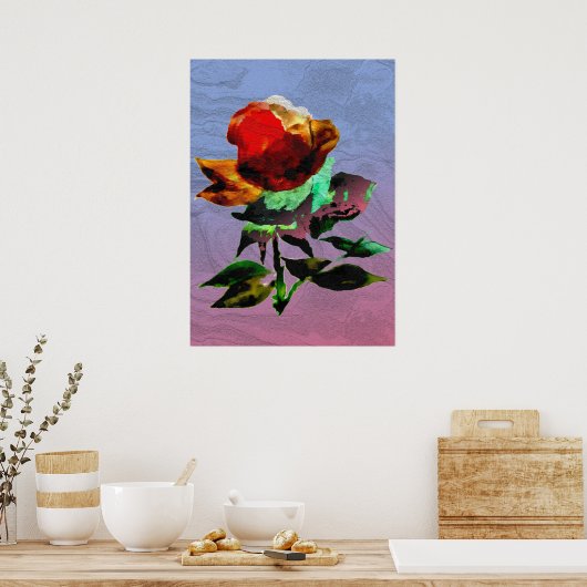 テクスチャーホログラフィー咲く薔薇の花の絵 ポスター (キッチン)