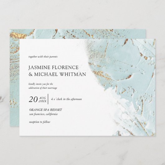 テクスチャー付き青金ゴールドフェイク箔結婚式招待状 招待状 (正面/裏面)