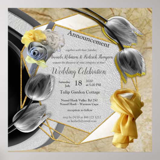 テクスチャ上のグレーと黄色のチューリップ ポスター (正面)