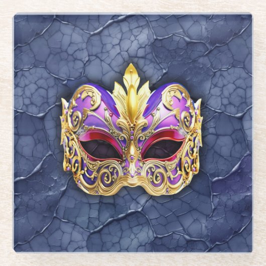 テクスチャ付きダークネイビー上の装飾的なベネチアンマスク ガラスコースター (正面)