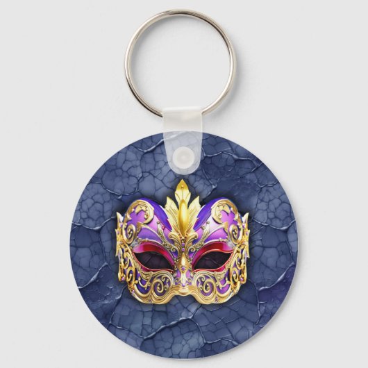 テクスチャ付きダークネイビー上の装飾的なベネチアンマスク キーホルダー (正面)
