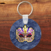 テクスチャ付きダークネイビー上の装飾的なベネチアンマスク キーホルダー (正面)