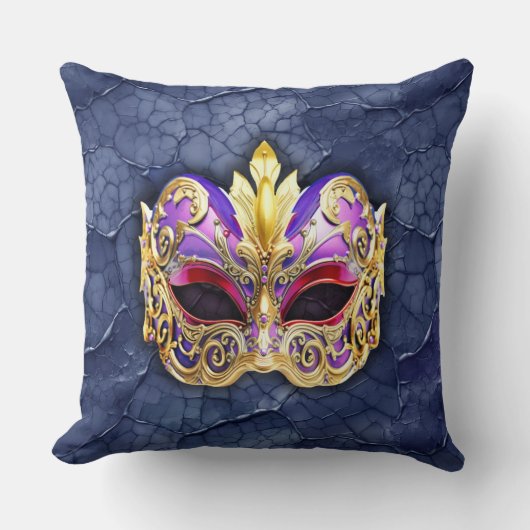 テクスチャ付きダークネイビー上の装飾的なベネチアンマスク クッション (正面)
