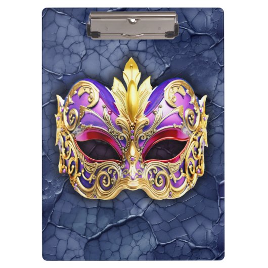 テクスチャ付きダークネイビー上の装飾的なベネチアンマスク クリップボード (正面)