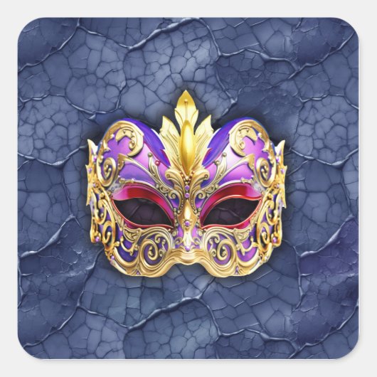テクスチャ付きダークネイビー上の装飾的なベネチアンマスク スクエアシール (正面)