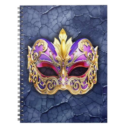 テクスチャ付きダークネイビー上の装飾的なベネチアンマスク ノートブック (正面)
