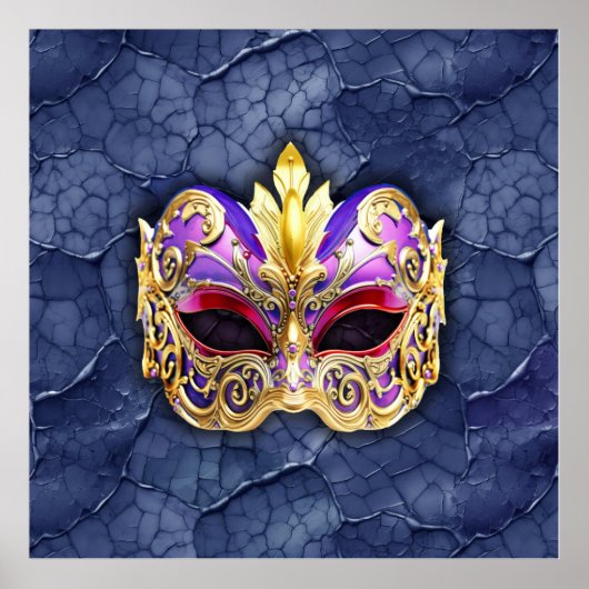 テクスチャ付きダークネイビー上の装飾的なベネチアンマスク ポスター (正面)