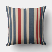 テクスチャ付きデニムブルー，赤，ヴィンテージ白ストライプ色 クッション (裏面)