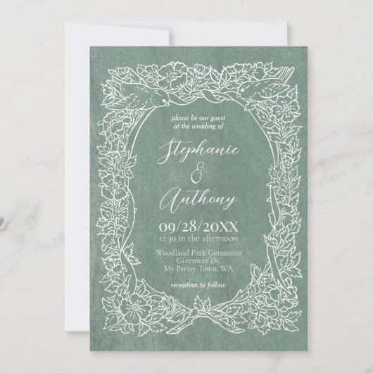 テクスチャ付きライトセージ緑の野草結婚の鳥 招待状 (正面)