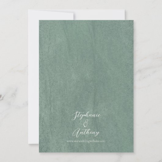 テクスチャ付きライトセージ緑の野草結婚の鳥 招待状 (裏面)