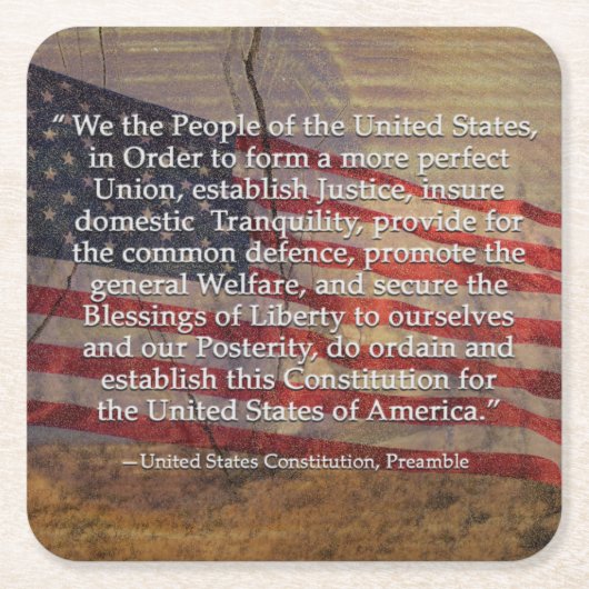 テクスチャ付き背景の上の米国憲法プリアンブル スクエアペーパーコースター (正面)