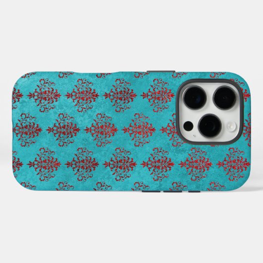 テクスチャ付き赤いダマスクティール(緑がかった色)パターン Case-Mate iPhoneケース (裏面 (横))