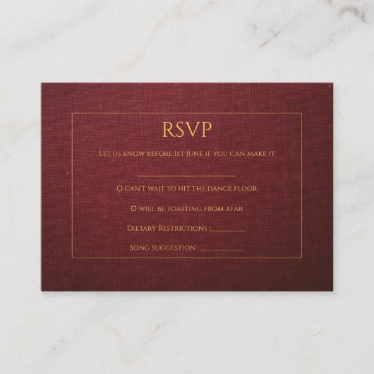テクスチャ付きBurgundy &金ゴールド結婚のRSVPカード エンクロージャーカード (正面)
