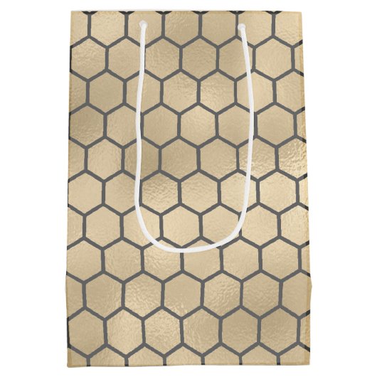 テクスチャ金ゴールドハニカム六角ビーキーパーパターン ミディアムペーパーバッグ (裏面)
