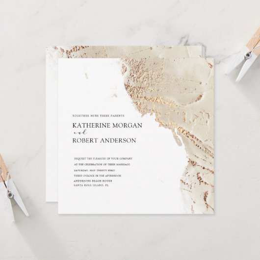 テクスチャ金ゴールドモダン結婚式招待状 招待状 (正面/裏面インサイチュ)