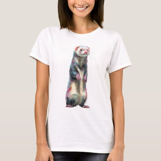 テクニカラーで立つフェレットの肖像画 女性 Tシャツ (正面)