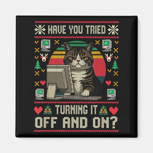 テクニカル サポート 猫 エンジニア コンピューター クリスマスセーター マグネット (正面)