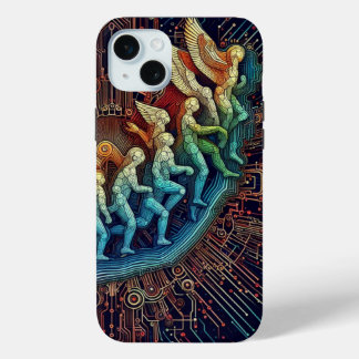 テクノロジーの進化：未来的なブラック&ホワイトのアウトライン iPhone 15 MINIケース