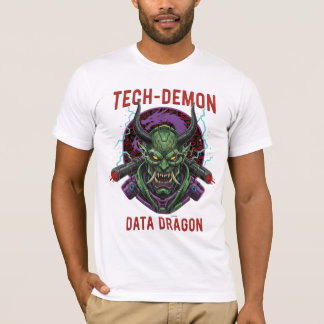 テクノロジーデーモンデータドラゴンTシャツ | サイバーパンクおにマスク Tシャツ
