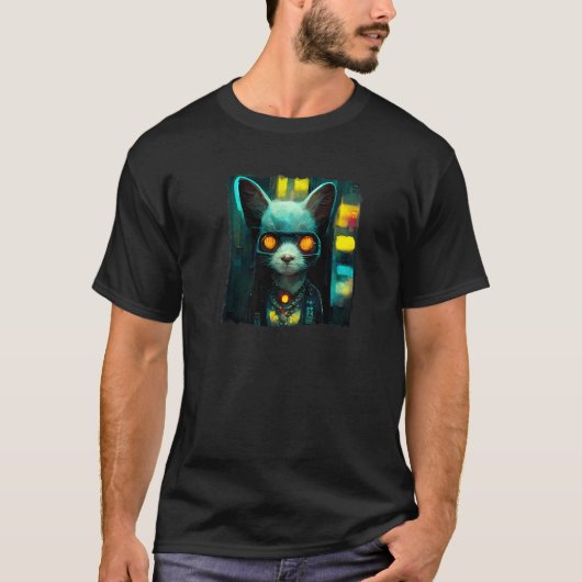 テクノ猫ゴーグル付きサイバーパンクアステト Tシャツ (正面)