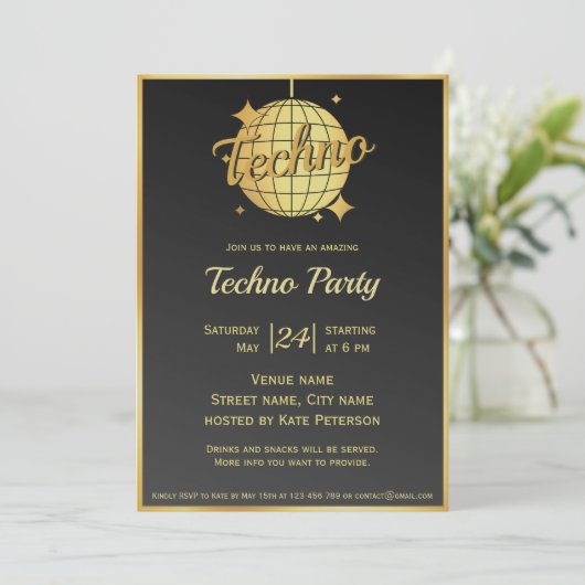 テクノ音楽をテーマにした金ゴールドディスコボールパーティー 招待状 (スタンド正面)