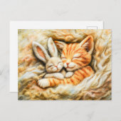 テクンで作られたウールで眠る感じウサギと猫 ポストカード (正面/裏面)