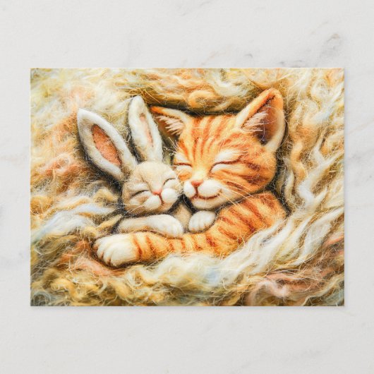テクンで作られたウールで眠る感じウサギと猫 ポストカード (正面)