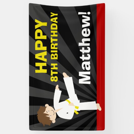 テコンドーの空手の黄色ベルトの男の子の誕生日 横断幕 (縦)