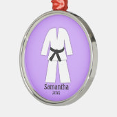 テコンドーの空手の黒帯の紫色のパーソナライズ メタルオーナメント (左)