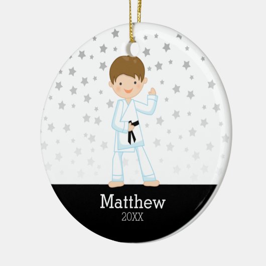 テコンドー空手のスターが黒帯パーソナライズされた少年 セラミックオーナメント (左)