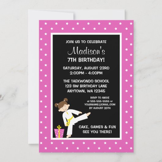 テコンドー空手ピンクスターズガール誕生日 招待状 (正面)