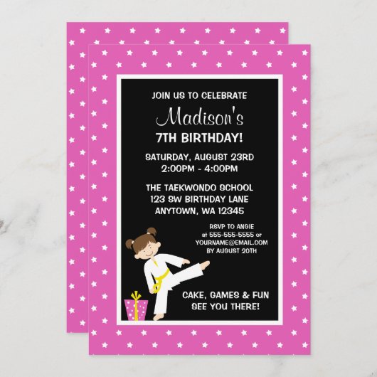 テコンドー空手ピンクスターズガール誕生日 招待状 (正面/裏面)