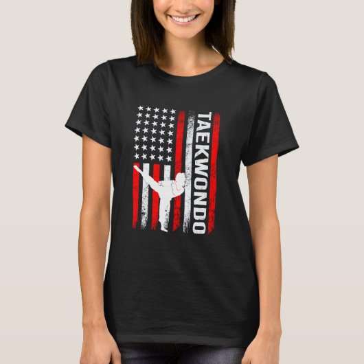 テコンドー ファイター アメリカ国旗 愛国 マーシャル Tシャツ (正面)