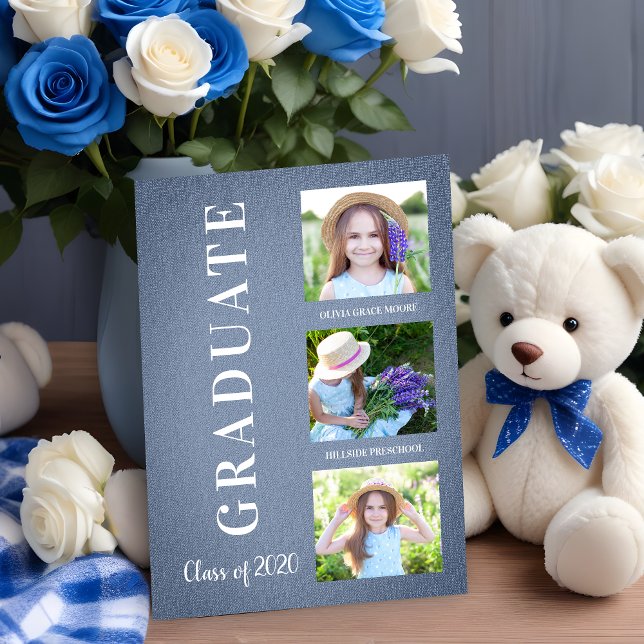 テジドアズールアンテドゥラディスタシオンデKトレセシオ (Pre-K Graduation Simple 3 Photos Blue Fabric Texture Card.)