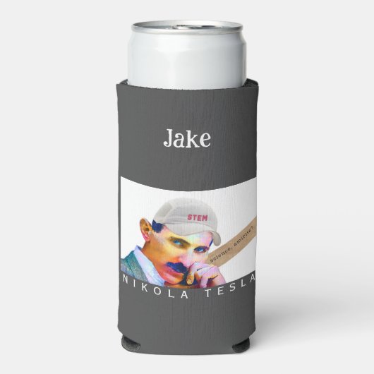 テスラおもしろいポートレート スリム缶クーラー (Seltzer正面)