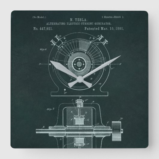 テスラACモータ設計図クロック スクエア壁時計 (正面)