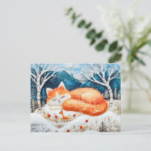 テックで作られたファンタジー林で眠る感じ猫 ポストカード (スタンド正面)