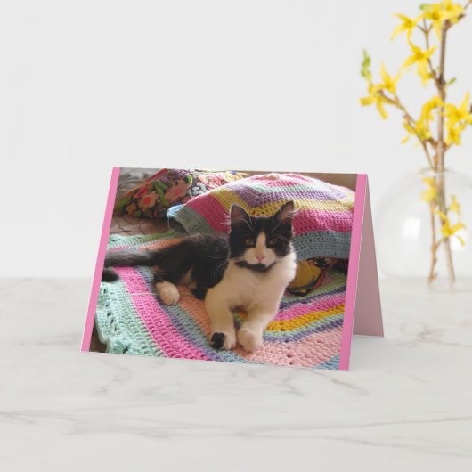 テックスード猫がかわいいフック編みの敷物で寝ている猫のカード カード (黄色い花)