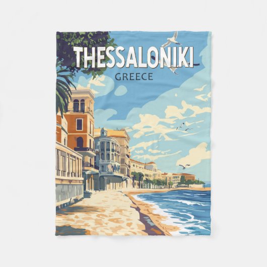 テッサロニキギリシャ旅行アートヴィンテージ フリースブランケット (正面)
