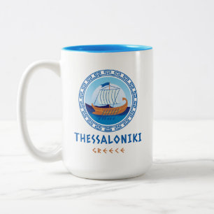 テッサロニキ、ギリシャ・ギリシャ船デザイン ツートーンマグカップ