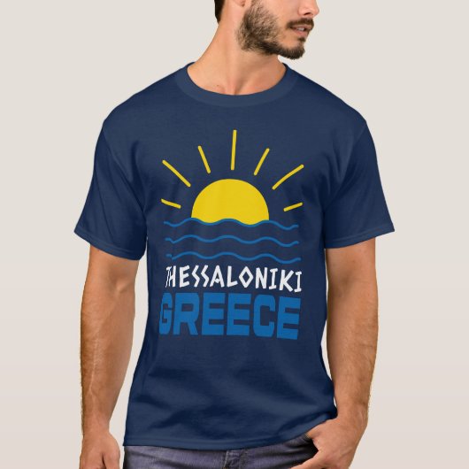 テッサロニキ ギリシャ 太陽の光 海の波 ネイビーブルー メンズ Tシャツ (正面)