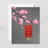 テットニューイヤーPink Hoa Daoの花 ポストカード (正面/裏面)