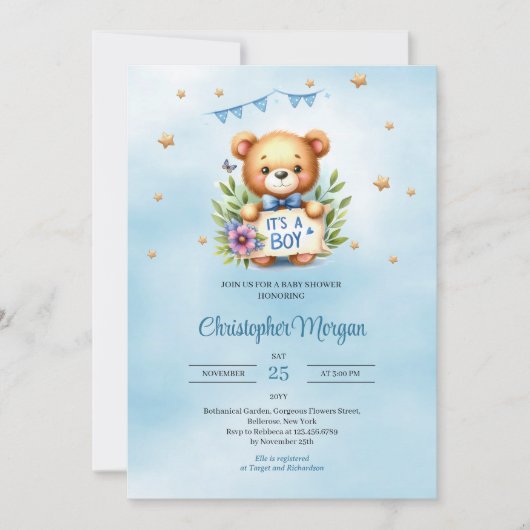 テディお洒落ベアそれは男の子の赤ちゃんシャワーである 招待状 (正面)