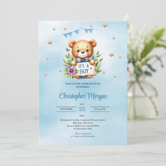 テディお洒落ベアそれは男の子の赤ちゃんシャワーである 招待状 (スタンド正面)