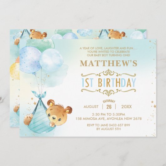 テディお洒落ベアバルーン1st誕生日パーティー 招待状 (正面/裏面)