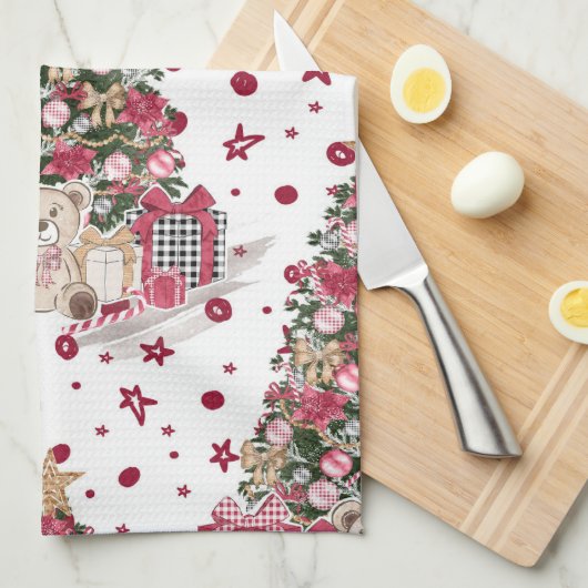 テディかわいらしベア付き水色クリスマスツリー キッチンタオル (四つ折り)