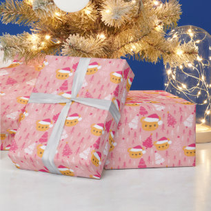 テディがサンタハットの木ピンクのクリスマスを支える ラッピングペーパー