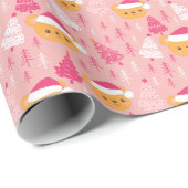 テディがサンタハットの木ピンクのクリスマスを支える ラッピングペーパー (ロールコーナー)