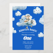 テディのスカイサファリ：1歳の誕生日の遠征 招待状 (正面/裏面)