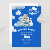 テディのスカイサファリ:1歳の誕生日の遠征 招待状 (正面/裏面)